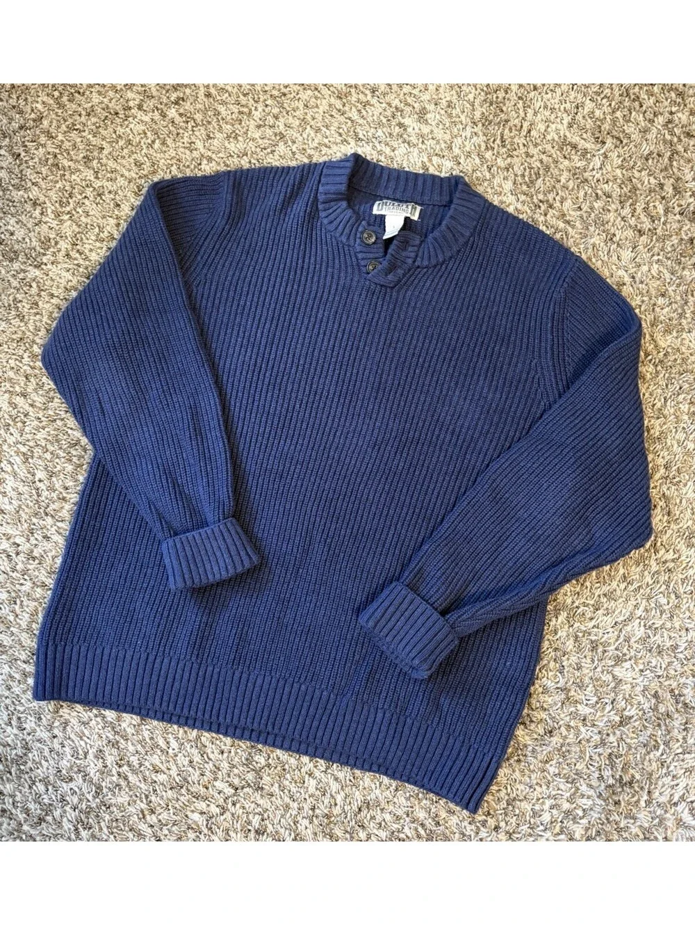 Duluth Trading Men’s Size Large Blue Knit Fisherman Sweater Cotton Henley Button